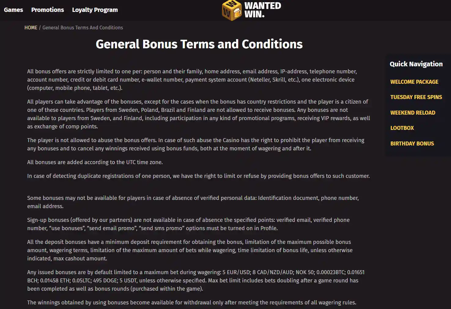 Wanted Win Australian bonus terms and promotions page
