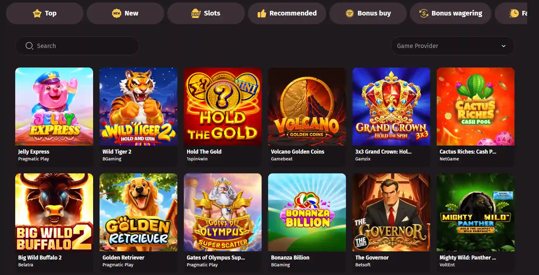 Wanted Win game lobby showing casino game categories
