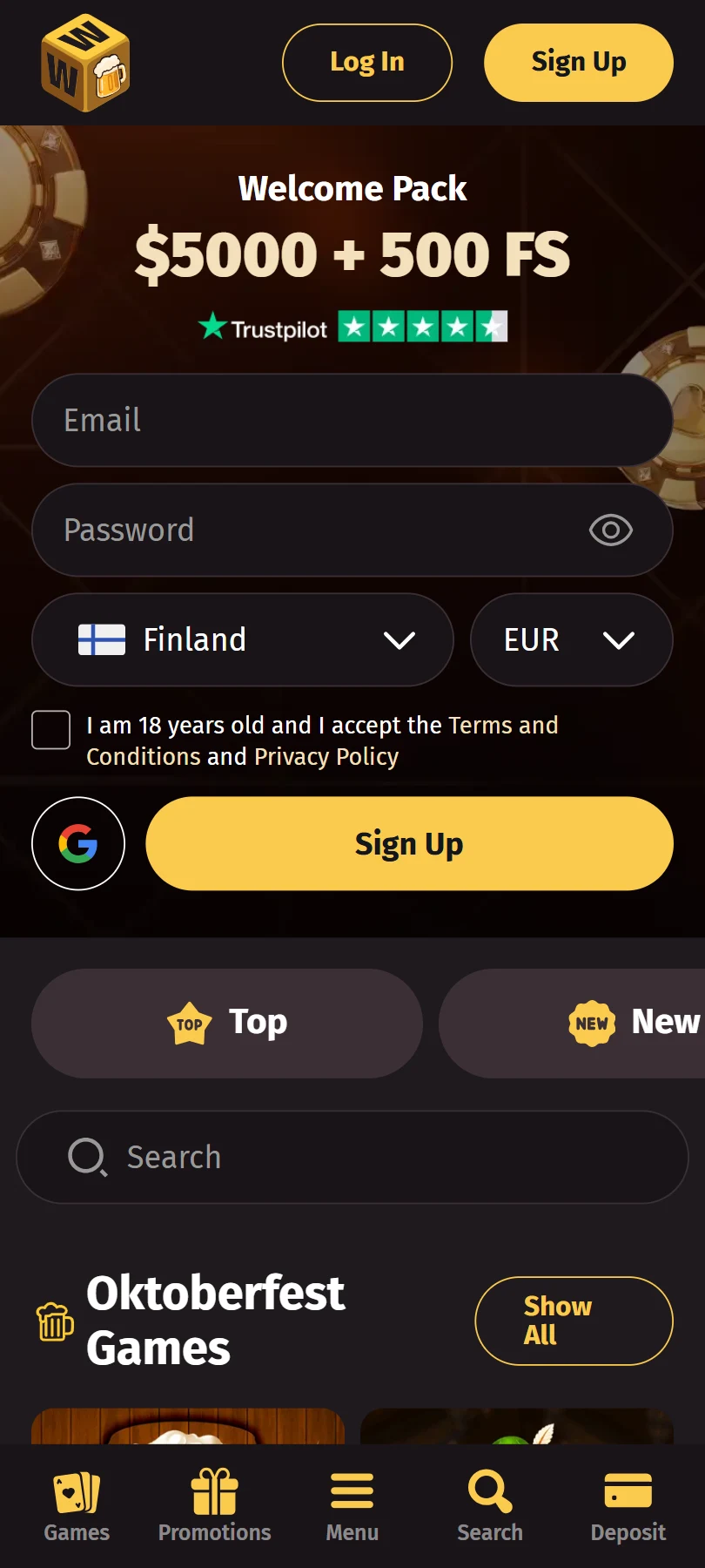 Wanted Win responsive mobile homepage shown in a phone-sized browser viewport