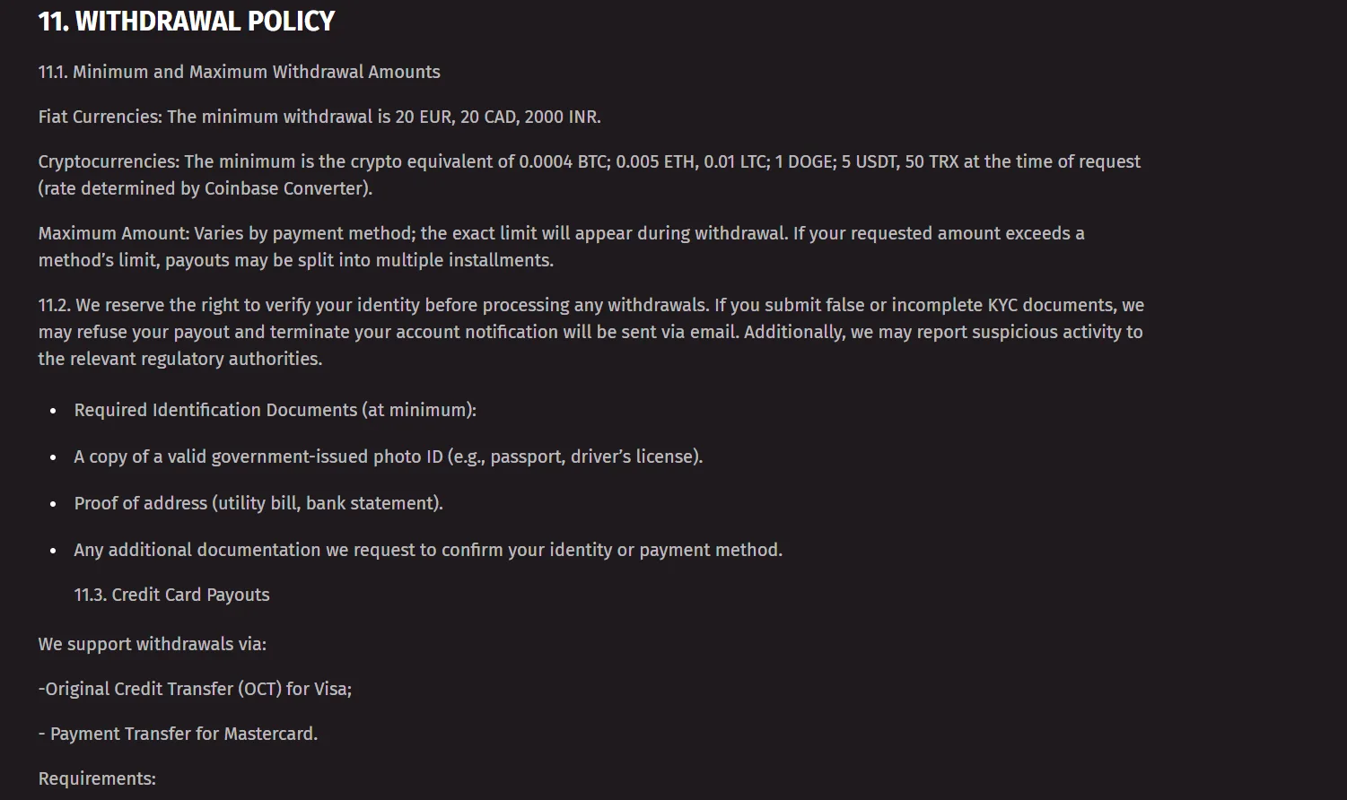 Wanted Win terms section showing current withdrawal rules
