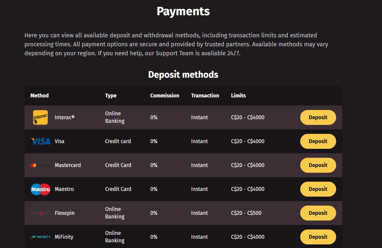 Wanted Win payments page showing current deposit and withdrawal categories