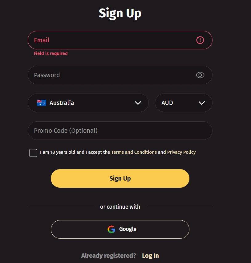 Wanted Win Australian registration interface with account and currency fields