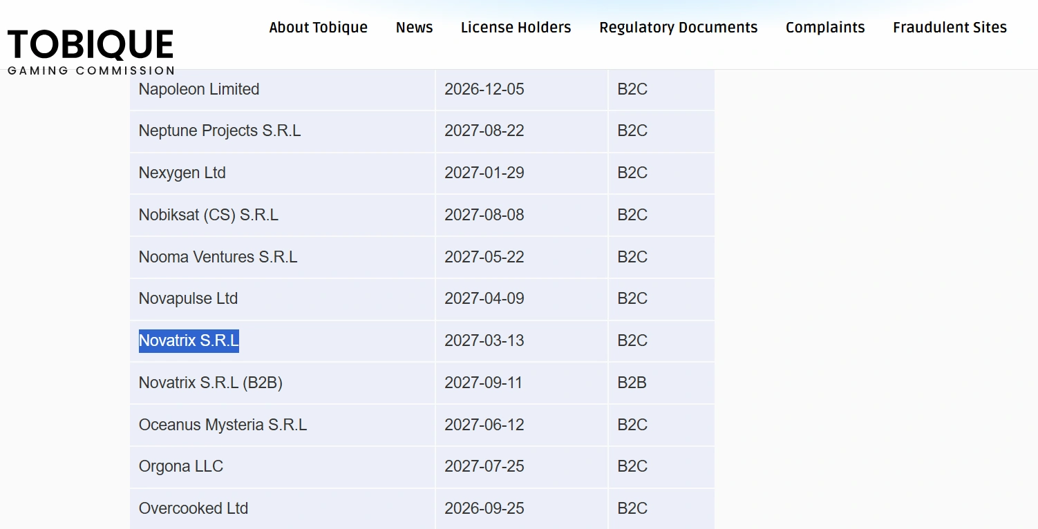 Tobique Gaming Commission licence holder register showing the Novatrix S.R.L B2C entry