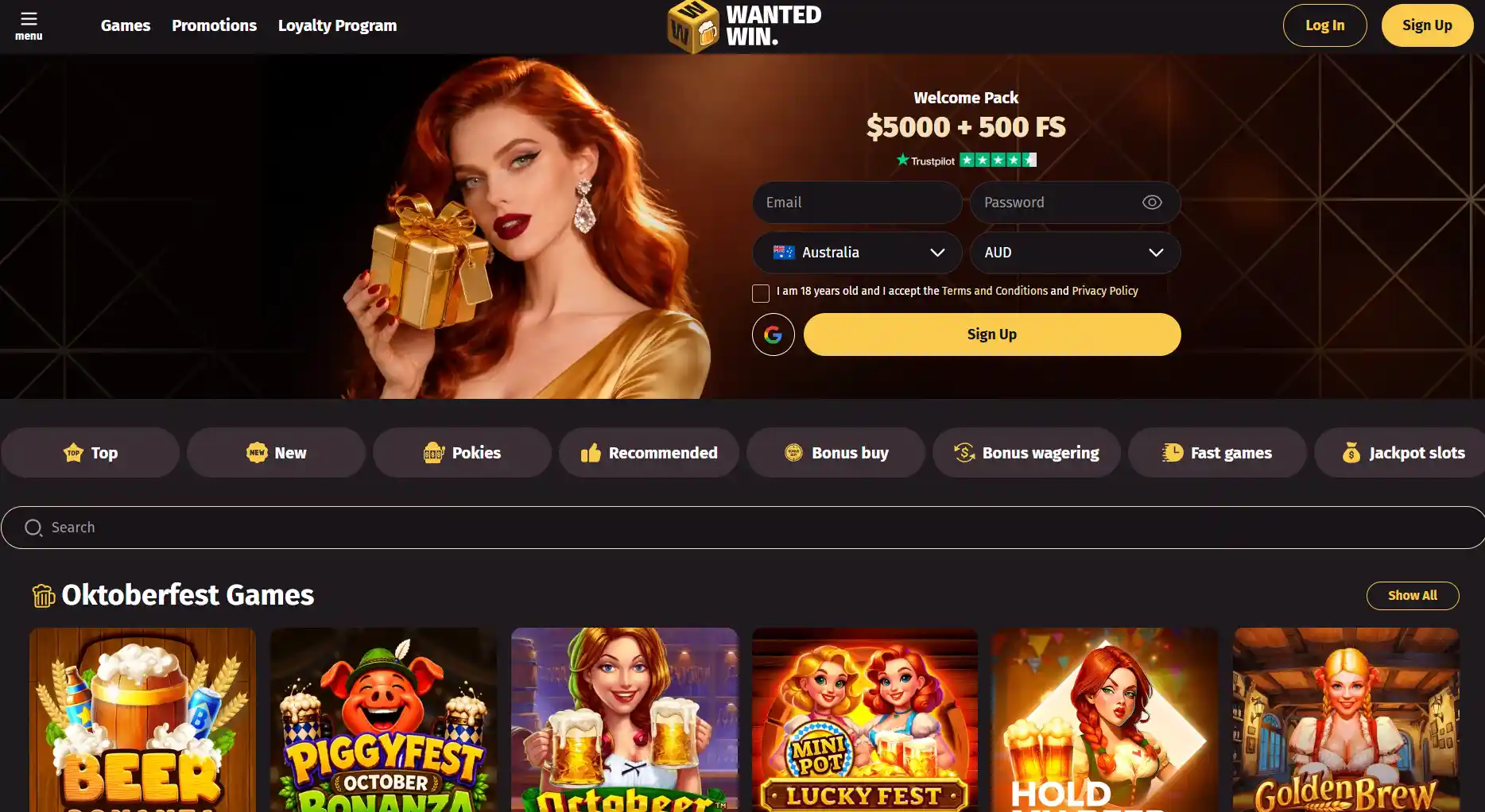 Wanted Win Australian-facing homepage